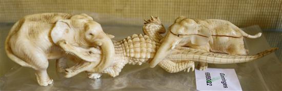 Japanese ivory group of 2 elephants fighting a crocodile